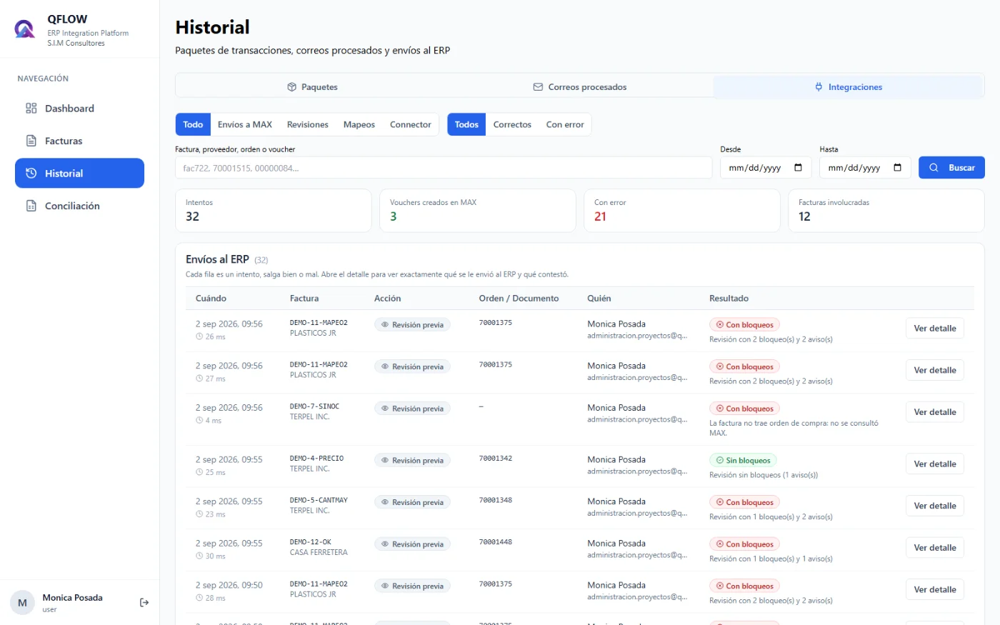 Bitácora de envíos al ERP en QFLOW